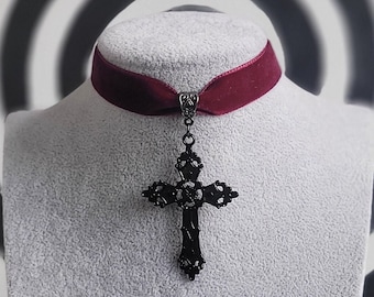 Gothic Cross Choker - Customizable Velvet Necklace with Black Cross Charm - Unique Goth Gift Idea