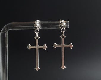 Gothic Cross Drop Earrings | Silver Dangling Charm, Alternative Fashion