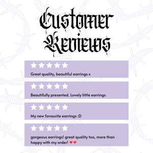 May include: Customer reviews for earrings. Five star ratings with positive comments such as "Great quality, beautiful earrings x" and "My new favourite earrings :D".