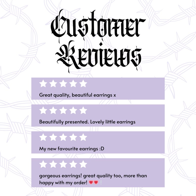 May include: Customer reviews for earrings. Five star ratings with positive comments such as "Great quality, beautiful earrings x" and "My new favourite earrings :D".