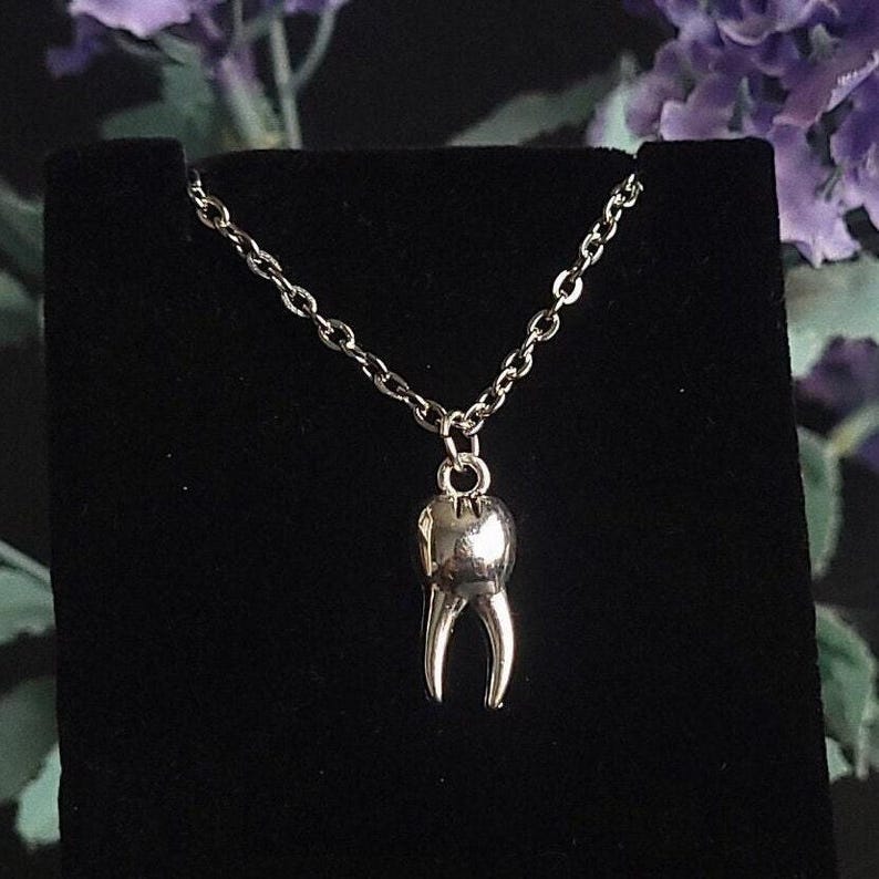 Silver Tooth Pendant | Stainless Steel Chain, Goth Necklace image 1