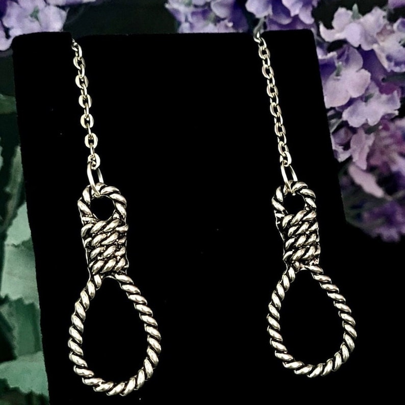 May include: Silver-toned earrings featuring a noose design. Each earring has a looped rope-like pendant suspended from a delicate chain. The earrings are displayed against a black backdrop with blurred purple flowers in the background.