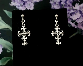 Gothic Cross Earrings | Romantic Gothic Jewellery, Ornate Silver Cross Studs, Filigree Earrings, Drop Stud Earrings, Alternative Jewelry