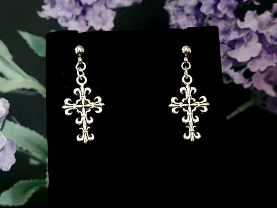 Gothic Cross Earrings | Romantic Gothic Jewellery, Ornate Silver Cross Studs, Filigree Earrings, Drop Stud Earrings, Alternative Jewelry