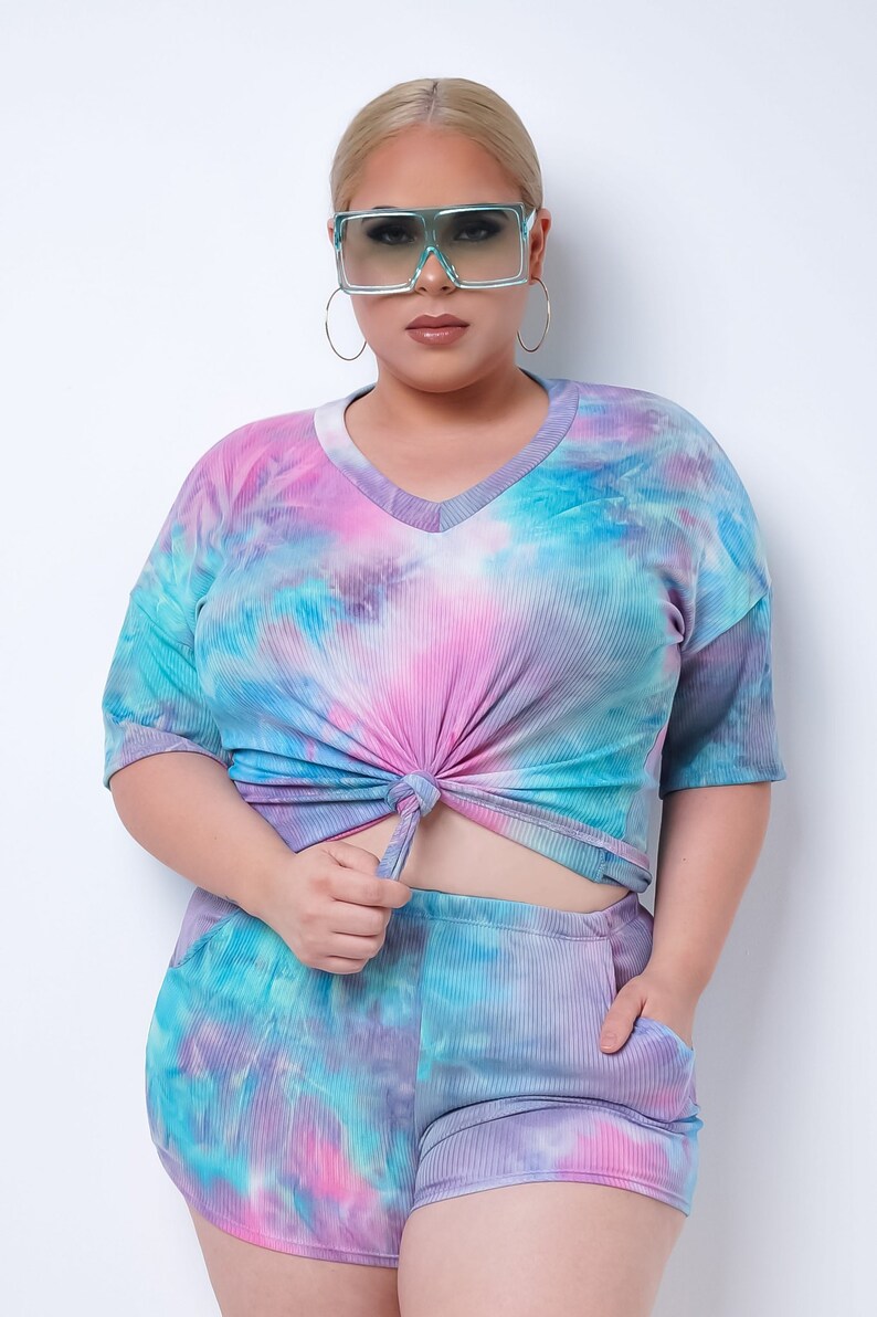 Plus Size Tie Dye Loungewear Sleepwear Two Piece Short Set image 5