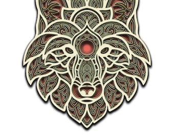 May include: A detailed, layered, and intricate design of a wolf's head with a mandala-like pattern. The wolf's head is made of beige and brown paper, with a red circle in the center of the wolf's face.