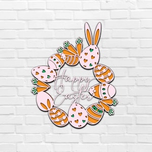 Couronne de Pâques Easter Egg Bunny 3D SVG fichiers Multi couche Cricut Laser Cutting DXF Templates pour routeur CNC Nursery Decor Vector Rabbit