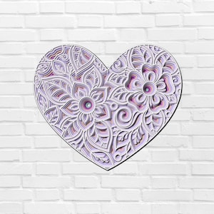 Arquivos SVG de mandala de coração floral 3D Arquivos de painel de casamento para corte a laser Painel decorativo multicamadas Arquivos Glowforge a laser Zentangle SVG LOVE