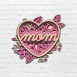 3D Mamma Cuore Floreale SVG 3D Multistrato Pannello SVG file taglio DXF Modelli Taglio Laser File Cricut Nursery Decor Festa della mamma Regalo mamma