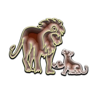 Puede incluir: Un diseño de corte de papel en capas de un león y un cachorro de león. El león es marrón y amarillo, y el cachorro es marrón y blanco. El león está de pie sobre sus cuatro patas, y el cachorro está sentado sobre sus patas traseras. El león y el cachorro se miran, y hay dos corazones entre ellos.