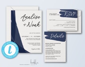 Blue Modern Brush Stroke Wedding Invitation Template, Wedding Invitation Set, Wedding Suite, RSVP, Details Card