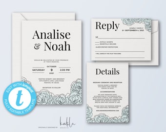 Blue Modern Floral Wedding Invitation Template, Wedding Invitation Set, Wedding Suite, RSVP, Details Card