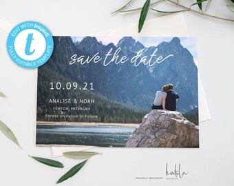 Modern Engagement Photo Save The Date Template, Wedding Save The Date, Engagement Photo Save the Dates, INSTANT DOWNLOAD, Editable, Template