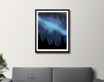 Forest Galaxy Painting, Galaxy Print, Watercolor Print, Nebula, Space, Wall Art