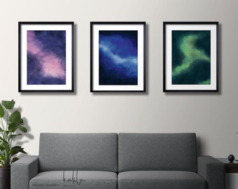 Galaxy Print Bundle,  Galaxy Print, Watercolor Print, Blue Green Pink Galaxy Painting, Nebula, Space, Wall Art, Wall Art Trio
