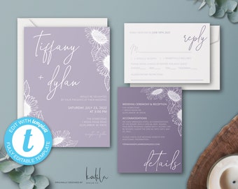 Purple Modern Sunflower Wedding Invitation Template, Wedding Invitation Set, Wedding Suite, RSVP, Details Card