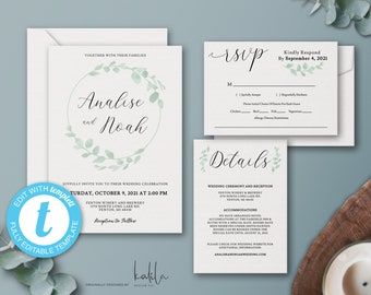 Green Watercolor Floral Wedding Invitation Template, Wedding Invitation Set, Wedding Suite, RSVP, Details Card