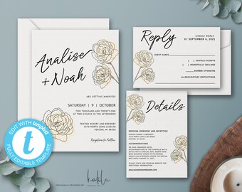 Yellow Modern Floral Wedding Invitation Template, Wedding Invitation Set, Wedding Suite, RSVP, Details Card