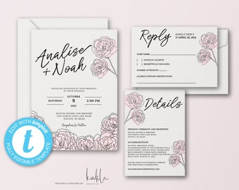 Pink Modern Floral Wedding Invitation Template, Wedding Invitation Set, Wedding Suite, RSVP, Details Card