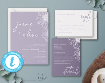 Purple Modern Sunflowers Wedding Invitation Template, Wedding Invitation Set, Wedding Suite, RSVP, Details Card