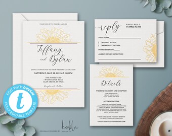 Yellow Modern Sunflower Wedding Invitation Template, Wedding Invitation Set, Wedding Suite, RSVP, Details Card
