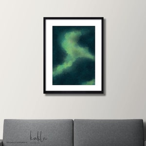 Green Galaxy Painting, Galaxy Print, Watercolor Print, Nebula, Space, Wall Art