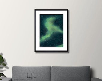 Green Galaxy Painting, Galaxy Print, Watercolor Print, Nebula, Space, Wall Art