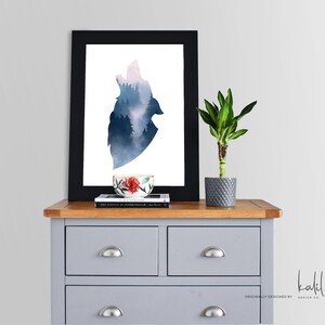 Moderne Blau Rosa Aquarell Wolf Druck, Wald Druck, Wolf Druck, Aquarell Druck, Moderne Kunst, Wandkunst