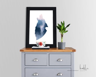 Modern Blue Pink Watercolor Wolf Print, Forest Print, Wolf Print, Watercolor Print, Modern Art, Wall Art