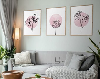 Modern Pink Watercolor Flower Print Trio, Peony Lotus Wildflowers, Flower Print, Watercolor Print, Modern Art, Wall Art