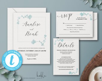 Blue Watercolor Floral Wedding Invitation Template, Wedding Invitation Set, Wedding Suite, RSVP, Details Card