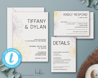 Yellow Modern Sunflower Wedding Invitation Template, Wedding Invitation Set, Wedding Suite, RSVP, Details Card