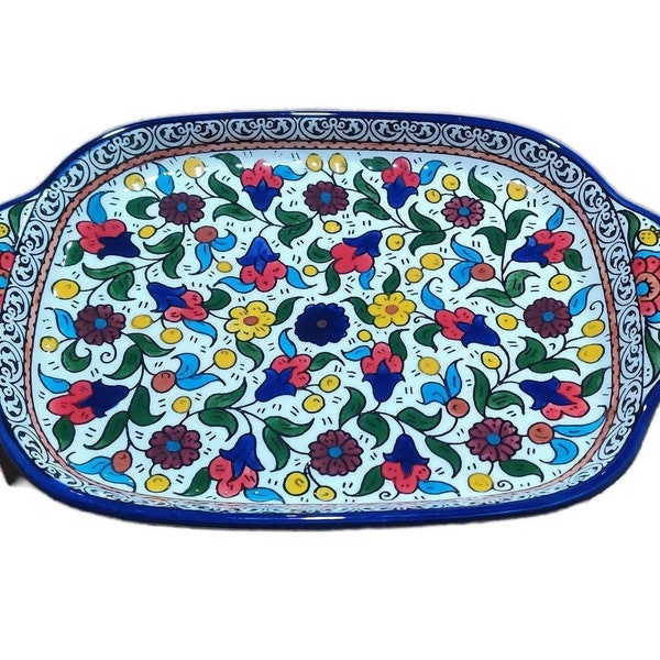 Assiette rectangulaire ronde en céramique | Céramique peinte à la main | Multicolore | Bleu et blanc | Produit palestinien Hébron Céramique