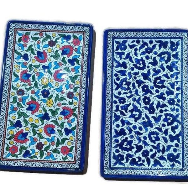 Assiette rectangulaire en céramique | Céramique peinte à la main | Floral multicolore | Bleu et blanc | Produit palestinien en céramique d'Hébron