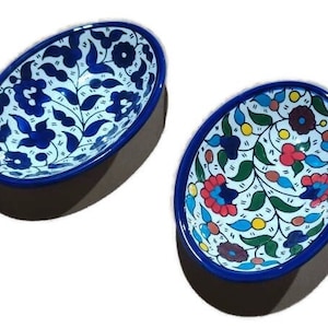 Oval Serving Plate Set Multi colored Floral  | Handmade Hand painted Ceramic | Oval shaped Dish for Nuts  | Hebron Ceramic l Palestine