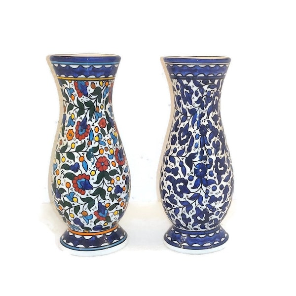 Ceramic Flower Vase Modern Style | Hand Painted Floral Ceramic Vase | Hebron Ceramic | Palestinian Ceramic | Multicolored | Navy Blue