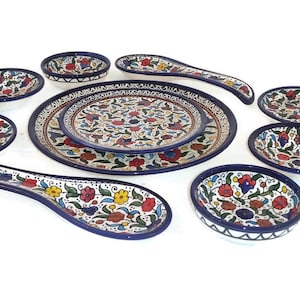 Breakfast Serving Ceramic Set | 10 Items | Handmade Handcrafted Ceramic Tableware | Colorful Design | Multicolored Floral | Navy |