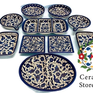 Palestinian Hebron 10 Items Set | Handmade Hand-painted High Quality Ceramic Tableware Set  |  Navy Blue & White Patterns | Dinning