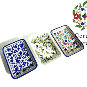 Keramische rechthoekige schaal | Handgemaakt, handbeschilderd keramiek | Gekleurde bloemen | Marineblauw | Turkoois | Olijven | Palestijnse Hebron keramische plaat