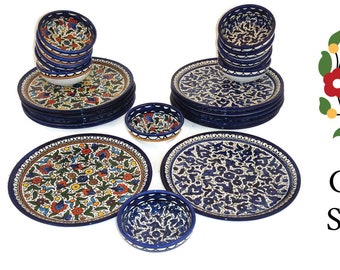 Ceramic Dinnerset Plates & Bowls  | Palestinian Handmade Hand-Painted Ceramic| Multicolored Floral | Navy Blue white | Dinner plates set