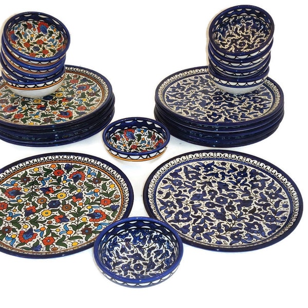 Ceramic Dinnerset Plates & Bowls  | Palestinian Handmade Hand-Painted Ceramic| Multicolored Floral | Navy Blue white | Dinner plates set