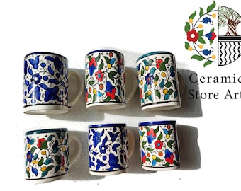 Handmade Ceramic Mug Set: Traditional Palestinian Hebron Floral Design