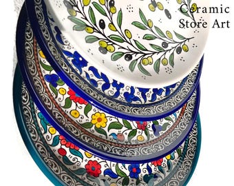 Handmade Palestinian Ceramic Plates: Floral Design, Hebron Pottery