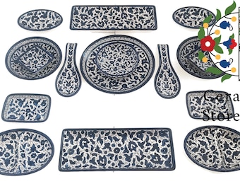 16 pieces Ceramic Set | Handmade Hand-painted Holy Land Ceramic Tableware Set  | Navy Blue and White |  Breakfast Hebron ceramic set