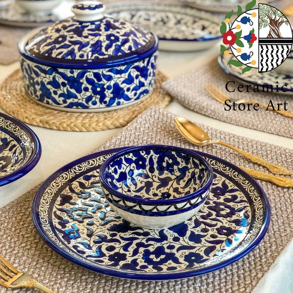 16 stuks King's Set Servies Keramiek handgemaakt handbeschilderd hoogwaardig traditioneel servies Keramiek Set | Blauw & Wit | Palestijns Hebron