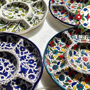 Appetizer Plater Round 5-section | Handmade Hand painted Ceramic | Multicolored | Navy | Turquoise | Olives | Palestinian Hebron Ceramic