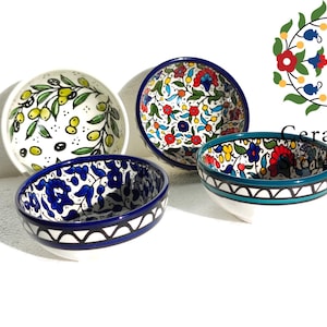 Bol à soupe fait main en céramique (12 cm) | Poterie d&#39;Hébron de haute qualité | Motif multicolore, bleu marine, turquoise, olives | Bol en céramique pour soupe
