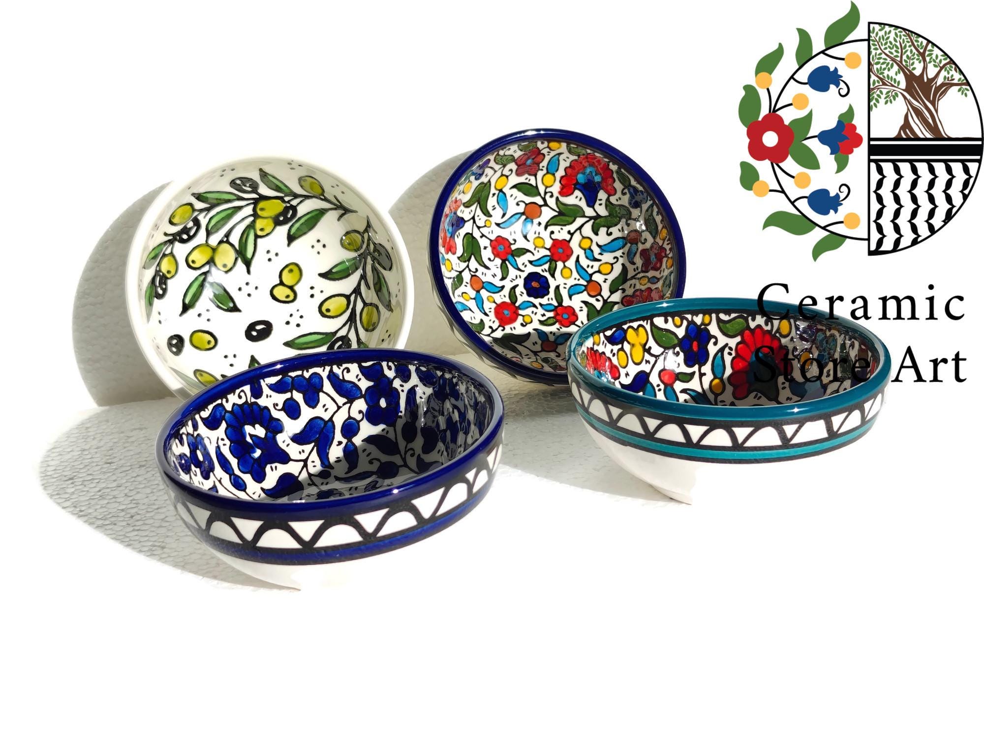 Handmade Ceramic Soup Bowl (12 cm) | High-Quality Hebron Pottery | Multicolored, Navy, Turquoise, Olives Pattern | Ceramic Bowl for Soup