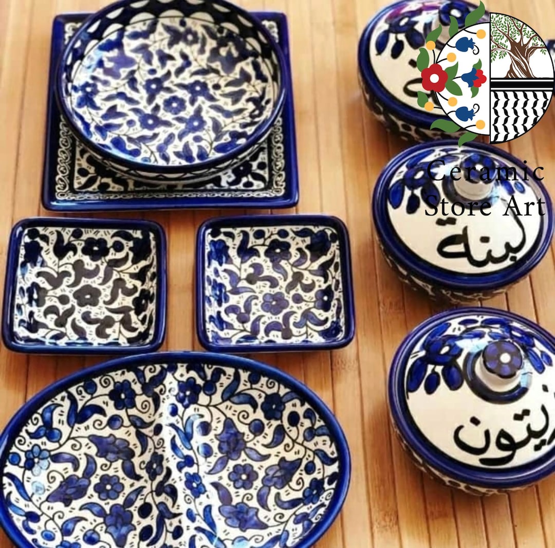 Palestinian Plate Handmade Palestinian Ceramic Dining Set: Blue & White Tableware (15 ...