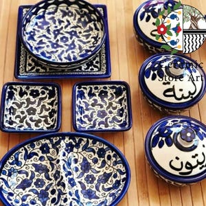 Palestinian Ceramic Dining Set | Handmade Hand-painted High Quality | Blue & White Patterns Breakfast Ceramic Tableware 15 Items Set